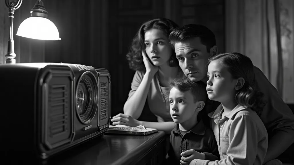 Family listening to the radio in the 1940s